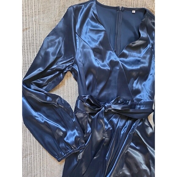 NWOT Women's L Long Formal Wrap Cinched Waist Navy Blue Event Dress - Picture 4 of 9